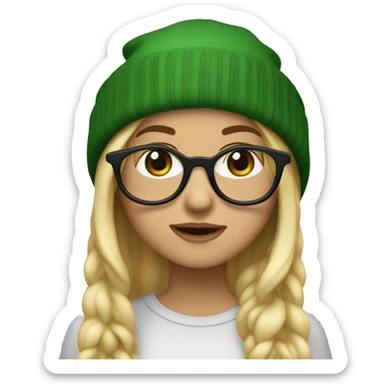 girl with long blonde hair, green eyes, black round glasses, and a beanie hat.  sticker
