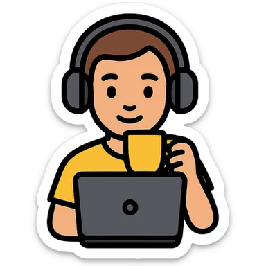 emoji ios 18, guy in headphones at computer, drinking coffee sticker