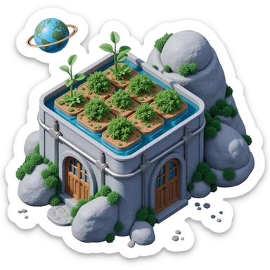 Exterior of a space farm built on asteroids, cookie plants growing in domes, metallic pipes connecting modules, stars and planets in the background sticker