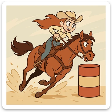 a girl barrel racing on a horse, western cartoon style, dynamic action sticker