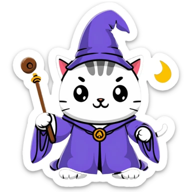 A cat wizard casting a spell with magical staff and flowing robes sticker