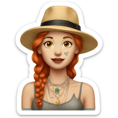 Redhead girl in hat with jewelry and tattoo sticker