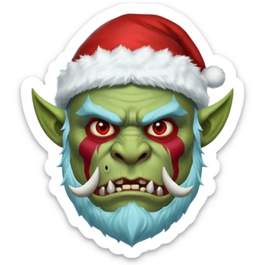 Fantasy orc portrait emoji, Santa Claus hat adapted for orc head with tusks, icy blue and deep red frost war paint on face, brutal winter warrior mood, strong facial features, minimal tribal design, clean high readability emoji style, male/female variant
 sticker