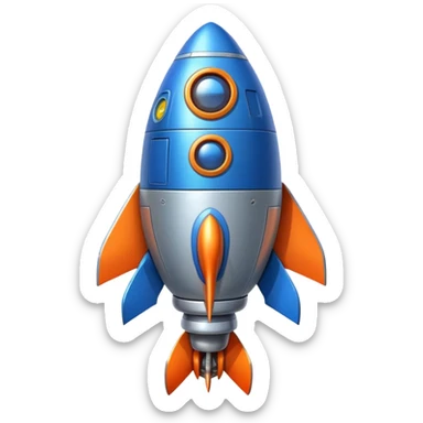 Spaceship with a large rounded belly in the middle, rocket boosters, personified with a happy face sticker