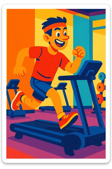 energetic man running on treadmill in gym, vibrant style, lively and colorful sticker