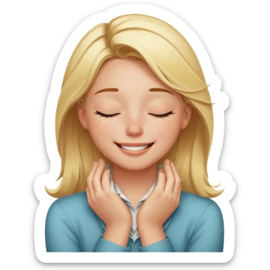 Happy blonde girl with eyes closed and mouth smiling and hands cupped around her neck sticker