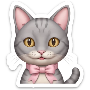 Head of a grey cat, smiling, with a loose ribbon on top of its head sticker