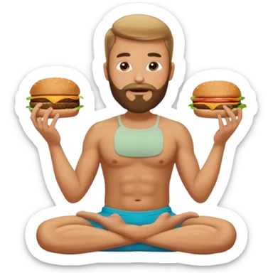 caucasian man with beard, eating burger in yoga pose sticker