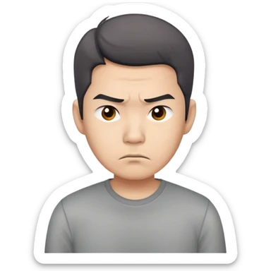 Asian man in a gray shirt with a frown sticker