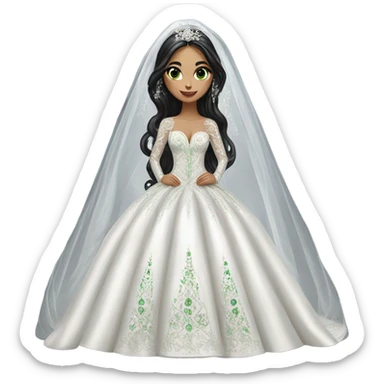 Hyper Realistic ornate ballgown long sleeve Wedding dress with diamanté on Russian bride with green eyes and long black hair with veil hyper realistic  sticker