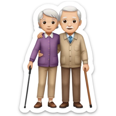 a child supporting an elderly person with a cane, warm and respectful sticker