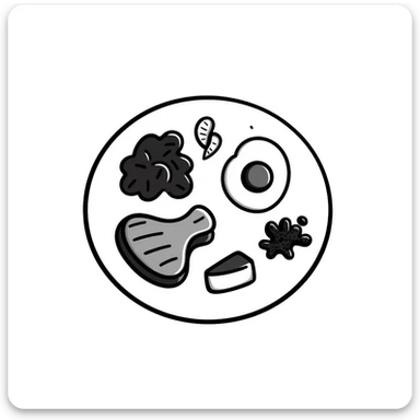 A plate with various protein foods arranged neatly: meat, egg, beans, tofu, and yogurt. sticker