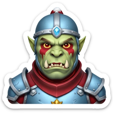 
Fantasy Christmas orc legion soldier icon, iron tundra army theme, heavy winter armor, disciplined brutal look, icy blue steel armor with deep crimson accents, frozen metal texture, cold winter atmosphere, male variant sticker