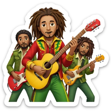 Icon for Reggae Music: Bob Marley with his guitar, surrounded by his band, The Wailers. The design should capture the laid-back, rhythmic vibe of reggae, with iconic dreadlocks and vibrant colors (red, yellow, green). Transparent background. sticker