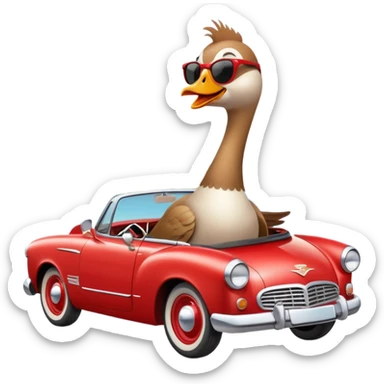 A cheerful goose wearing sunglasses, driving a vintage red convertible car with a big smile, wind blowing through its feathers, on a sunny day with a scenic background. sticker