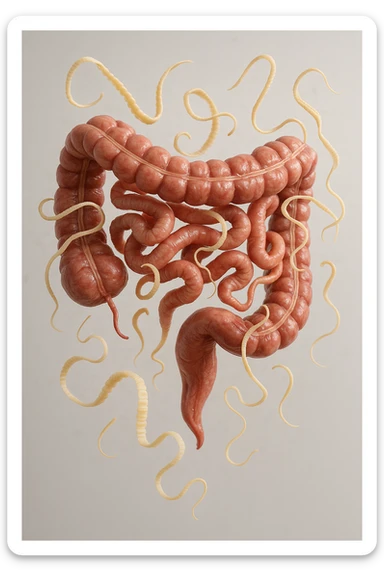 INTESTINO UMANO ANATOMICO REALISTICO FLUTTUA IN ARIA INSIEME A PARASSITI COME LA TENIA, SFONDO CHIARO, iperrealistico 4k sticker