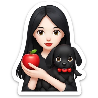 A girl with long black hair wearing black clothes holding a black dog in one hand and an apple in the other hand sticker
