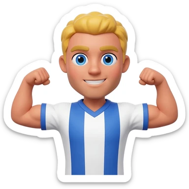Minimalist 3D isometric emoji based on image_da3e50.png: blonde hair, blue eyes, tanned skin. Confident expression. Pose is front double bicep flex, showing simplified muscle definition. Same white and blue striped jersey. Clean, direct studio lighting. Isolated on pure seamless white background sticker