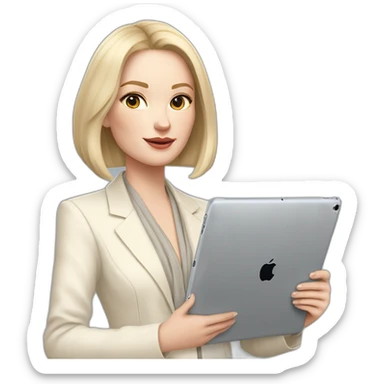 pale skin woman with ash blonde Straightened bob Hair, White Spacious classical jacket, beige palazzo Arrow pants and gray blouse holding a IPad Pro 12.9” in the hands sticker