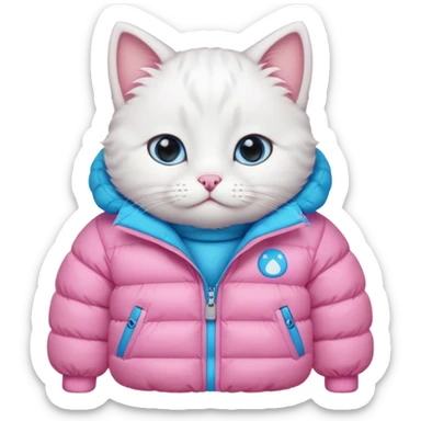 white cat bundled in a pink puffer jacket sticker
