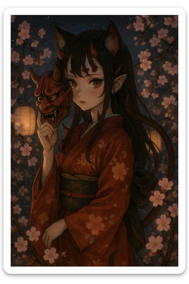 realistic anime catgirl devil in a traditional Japanese kimono, oni mask, cherry blossoms at night sticker