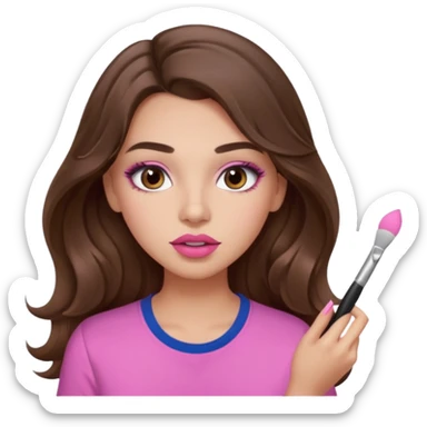 girl with long wavy brown hair, brown eyes, light to medium complexion, in a pink shirt, pink lips, long lashes, puckered lips, putting on makeup sticker