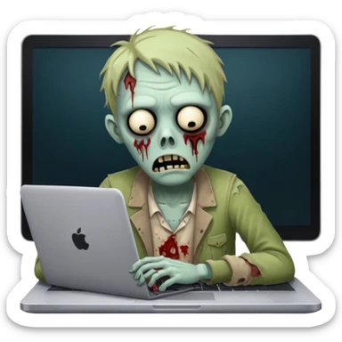 A tired sad zombie behind a laptop sticker