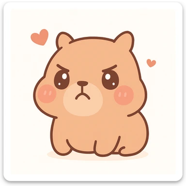 annoyed capybara in chibi anime style, puffed cheeks, furrowed eyebrows, small frown, kawaii details, white background sticker