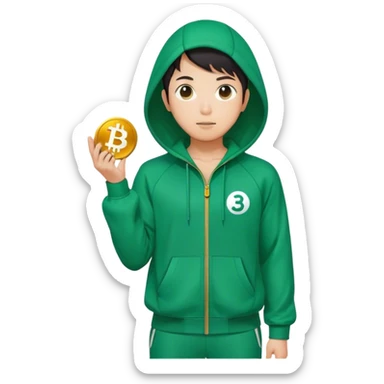 "Squid Game asian player emoji, green tracksuit with number 333, Bitcoin symbol ₿, representing his involvement with cryptocurrency sticker