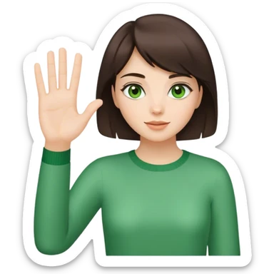 brunette girl with short hair and green eyes waving greeting with one hand brunette girl with green eyes waving greeting with one hand sticker