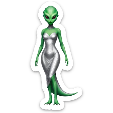 Green Alien reptilian woman in silver dress, full figure sticker