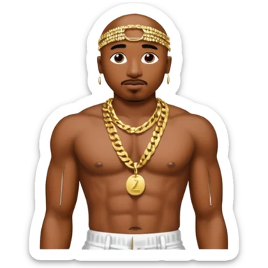 Tupac with white sequin baggy pants, shirtless with necklace sticker