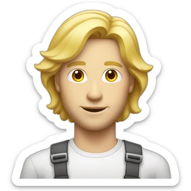 Blond man architect, with mid long blond hair, posing next to a house sticker