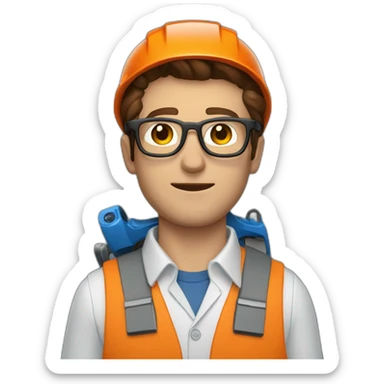 a guy with brown hair, square glasses, an orange repairman's suit, blue eyes, with a chainsaw sticker