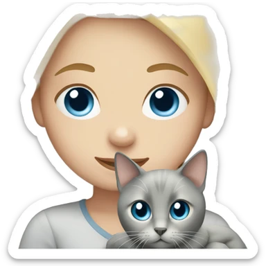 blonde girl with blue eyes holding a grey cat sticker