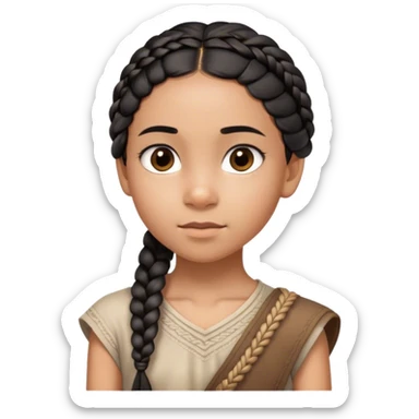 A thin 10-year-old mixed-race girl with almost black hair braided into a single plait draped over her shoulder and dark brown eye sticker