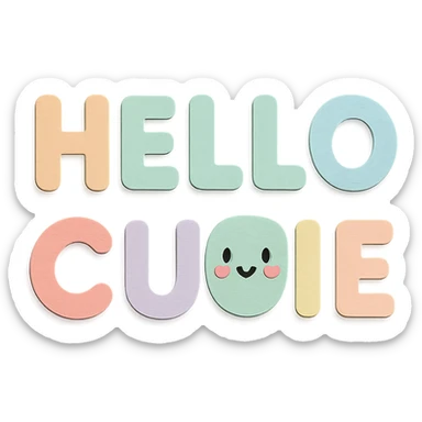 "Hello Cutie" in soft pastel rainbow rounded sans-serif font, kawaii, no outline, 3D paper-craft effect sticker