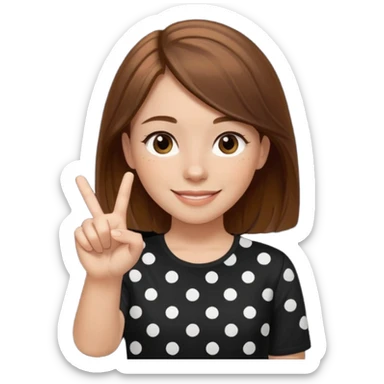 girl wearing a  black polka white dots  shirt style, and poiting witgh her hand, her hair brown  sticker