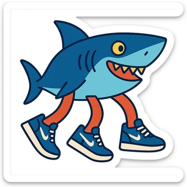 a fun and playful shark with three legs, each wearing blue Nike tennis shoes sticker