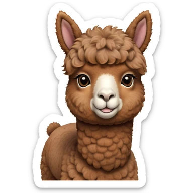 Cinematic Cute Brown Alpaca Portrait Emoji, Head tilted playfully and inquisitively, featuring a plush, rich brown fleece with a natural sheen, round, sparkling warm eyes filled with curiosity, Simplified yet irresistibly adorable features, highly detailed, glowing with a warm, friendly glow, high shine, affectionate and gentle, stylized with a touch of whimsy, bright and endearing, soft glowing outline, capturing the essence of a mischievous yet loving alpaca, so playful it feels like it could prance out of the screen and into your arms! sticker