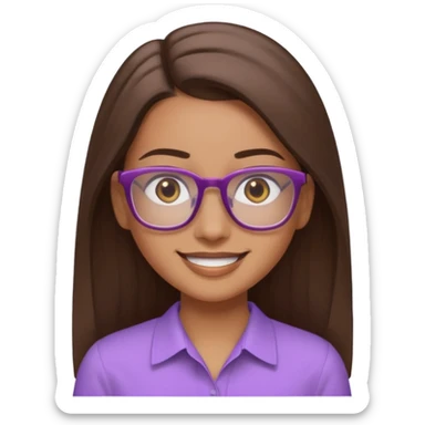 Imagine a pretty girl with slightly light brown skin with big brown eyes and glasses. She has straight long brown hair in a slick back and is wearing a light purple shirt sticker