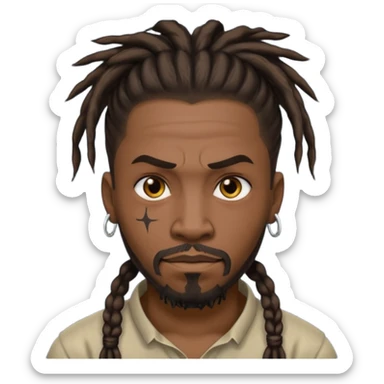 
1 black man, fierce face, scar on face, dreadlock hair tied back emoji
 sticker