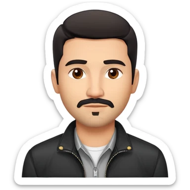Slightly older attractive broad-shouldered Hispanic TV presenter, light brown complexion, square face with defined jawline, short black hair with clear fade haircut, light scruff facial hair, friendly expression, unbuttoned black jacket with white shirt sticker