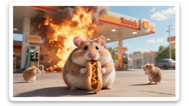 Cinematic still of A portrait of a fat hamster eating hotdog on gas station, gas station is in fire, other hamster fun away, sunny day, back light explosion , gas station named "Tosiek" (Realistic) sticker