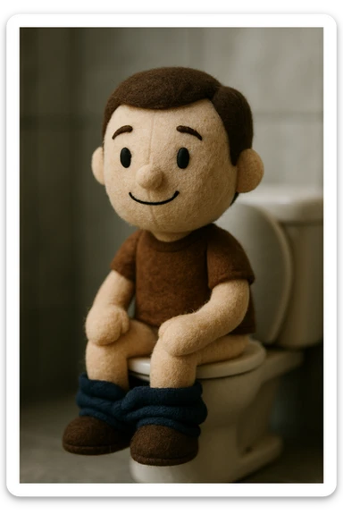 man pooping on toilet, plush toy look, plush portrait style sticker
