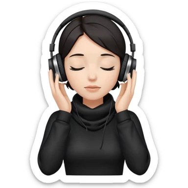 Girl with dark hair, wearing a black cowl neck top, wearing headphones, her hands are on her ears, and her eyes are close sticker