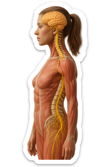 fai un immagine identica che riguarda un esercizio ma mettigli spina dorsale e muscoli in evidenza (anatomica) con colori naturali di un corpo umano (non blu), il nervo giallo si deve vedere molto bene. falla iperrealistica anatomica in 4k con spina dorsale storta in evidenza sticker