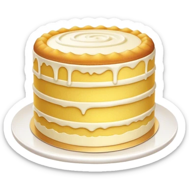 Cinematic Realistic Simple Vanilla Cake, a perfectly baked golden sponge with soft, airy layers, delicate vanilla frosting smoothly spread across the top, tiny flecks of vanilla bean visible, warm golden lighting creating depth, glowing with a sweet, irresistible charm. sticker