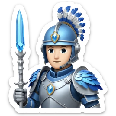 soldat en armure légère de couleur argentée et bleue, presque translucide, tenant une lance ornée d'un cristal. Son casque est stylisé avec des plumes d'oiseau. Il se tient devant un fond de nuages vaporeux. sticker