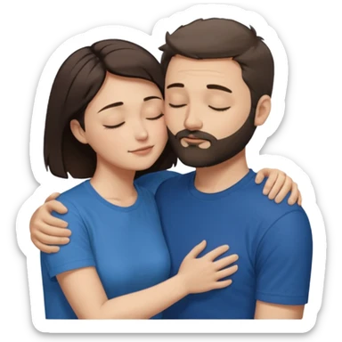 draw a man and a woman hugging each other passionately. looking toward each other. woman has short hair. man has short hair and beard. draw them with closed eyes. woman has dark brown hair. and man has light brown. make them both wearing t shirts. make man hold the woman from her cheeks. sticker